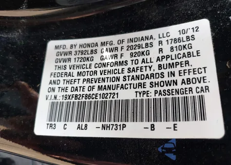 2012 Honda Civic Ex from USA, damaged, VIN 19XFB2F86CE102721